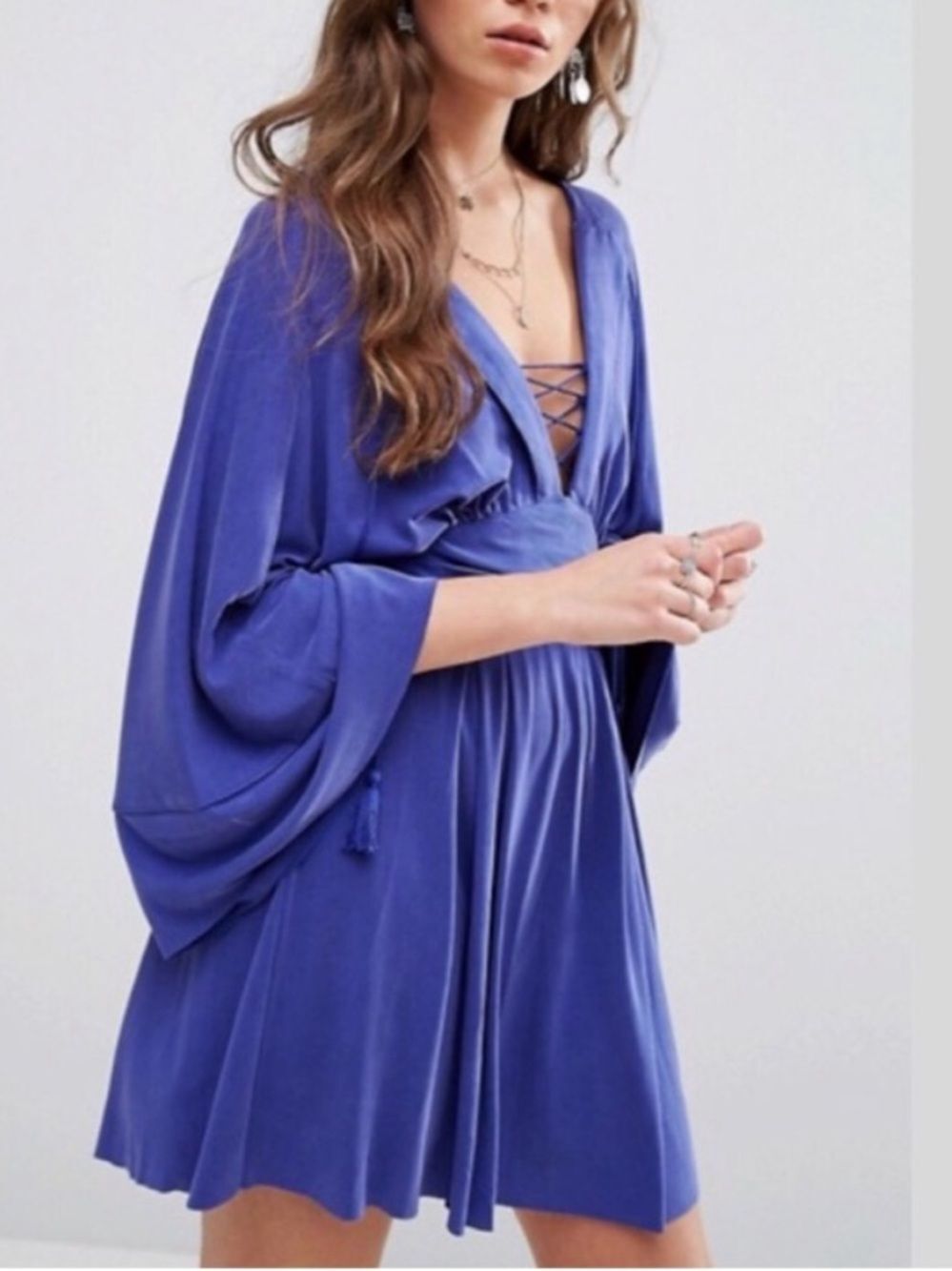 Free People Blue Bell Sleeve Lace Up Babydoll Mini Dress Size 0